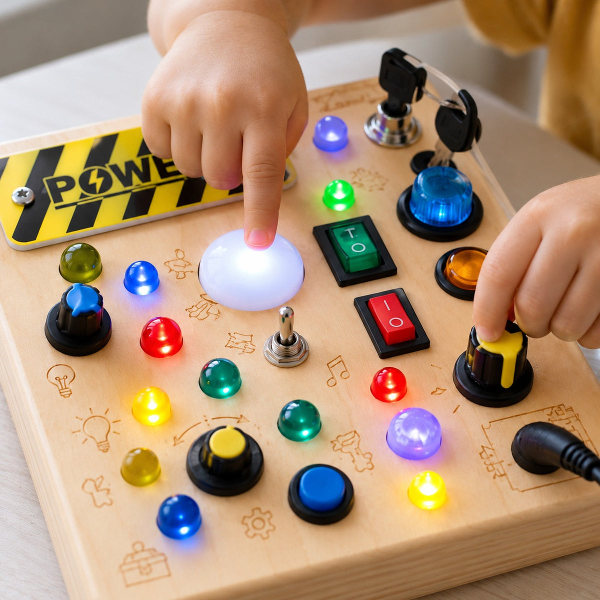 Close-up of a toddler playing with a wooden LED busy board using switches, buttons and lights