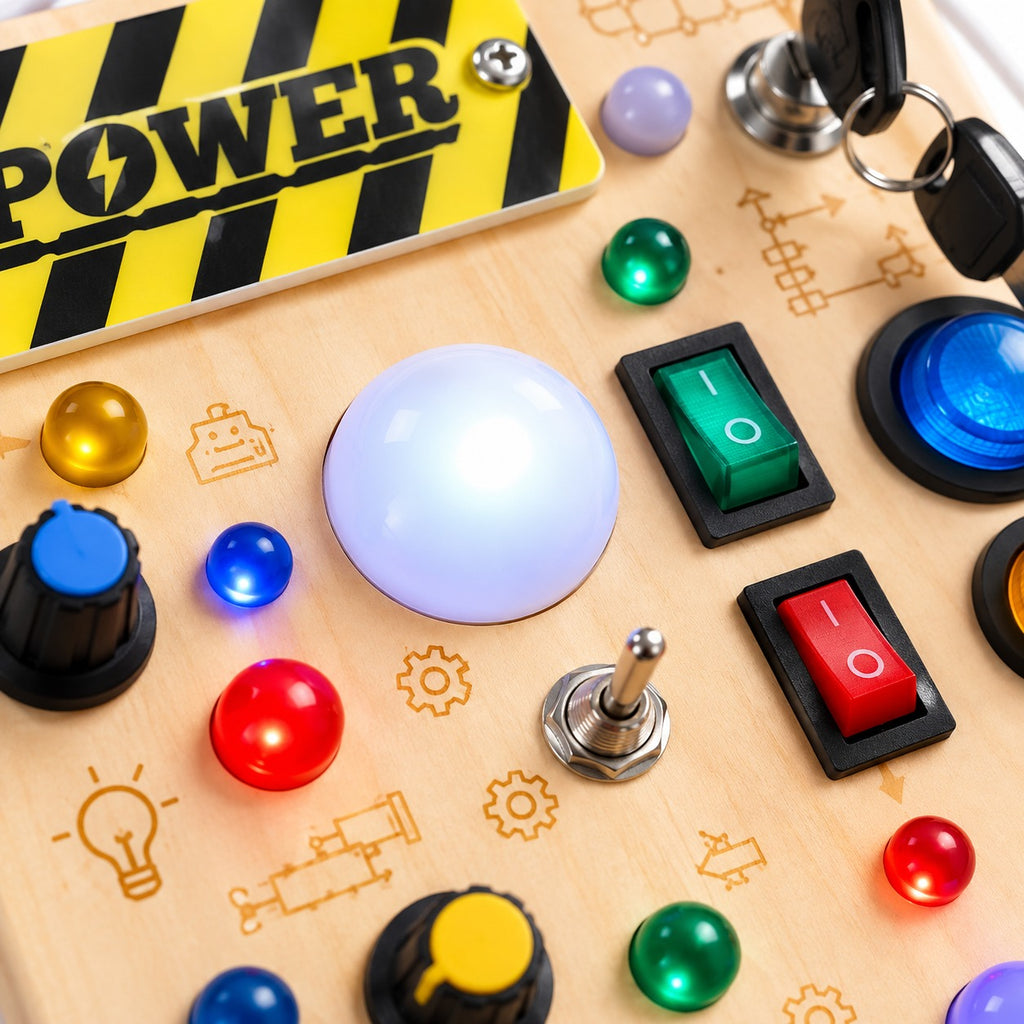 Close-up of the wooden LED busy board showing interactive switches, buttons and LED lights