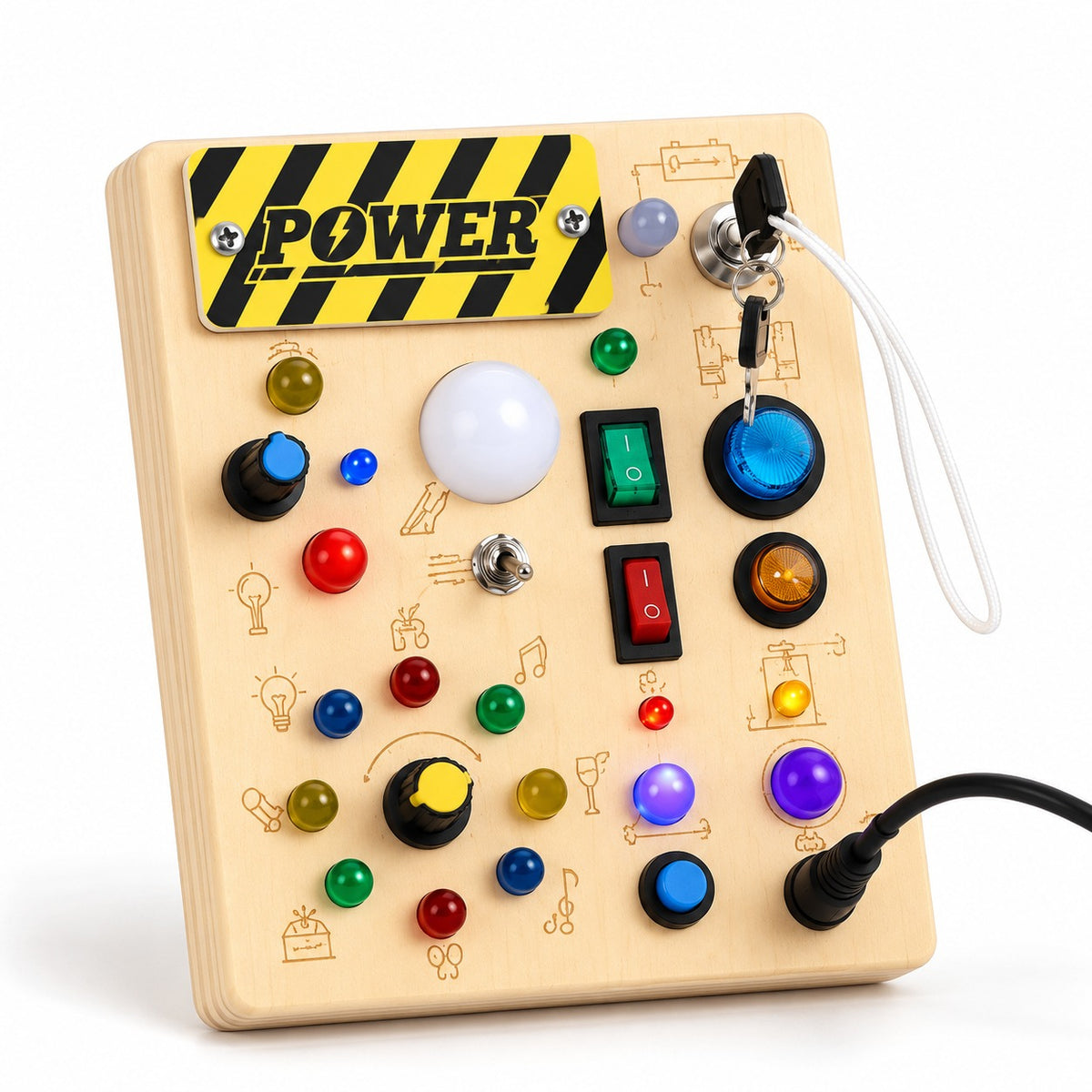 Wooden LED Busy Board Montessori toy with 10 interactive controls and 19 LED lights