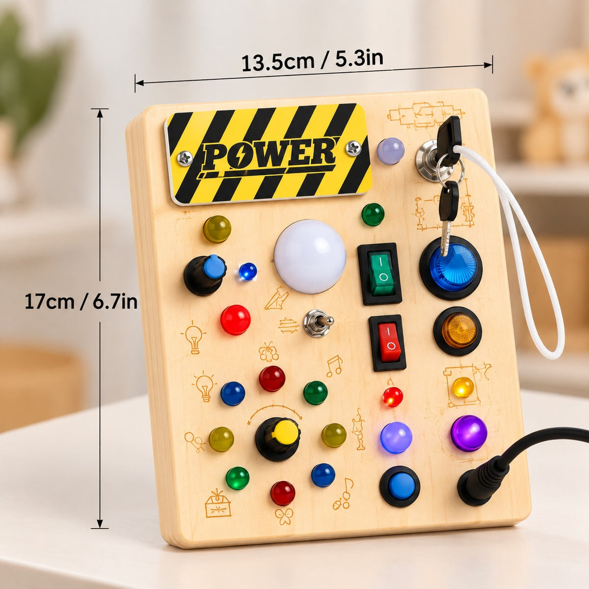 Wooden LED busy board dimensions 17 × 13.5 cm