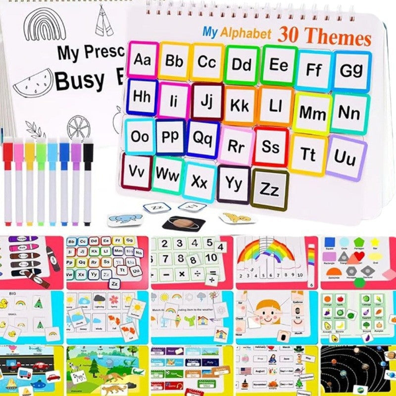 The alphabet page standing up beside the set of dry-erase markers
