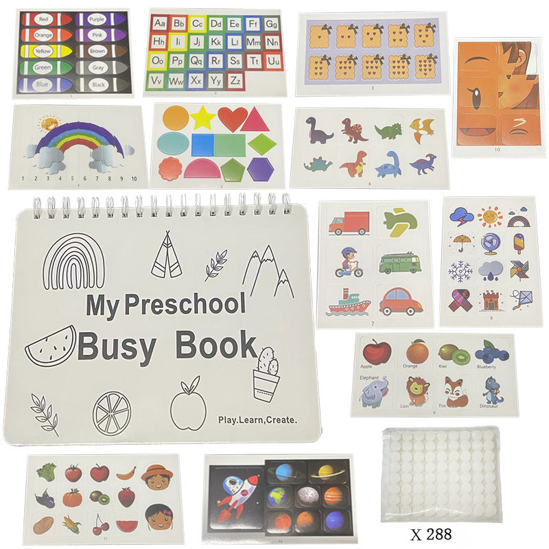 The busy book open with all its velcro matching pieces laid out around it
