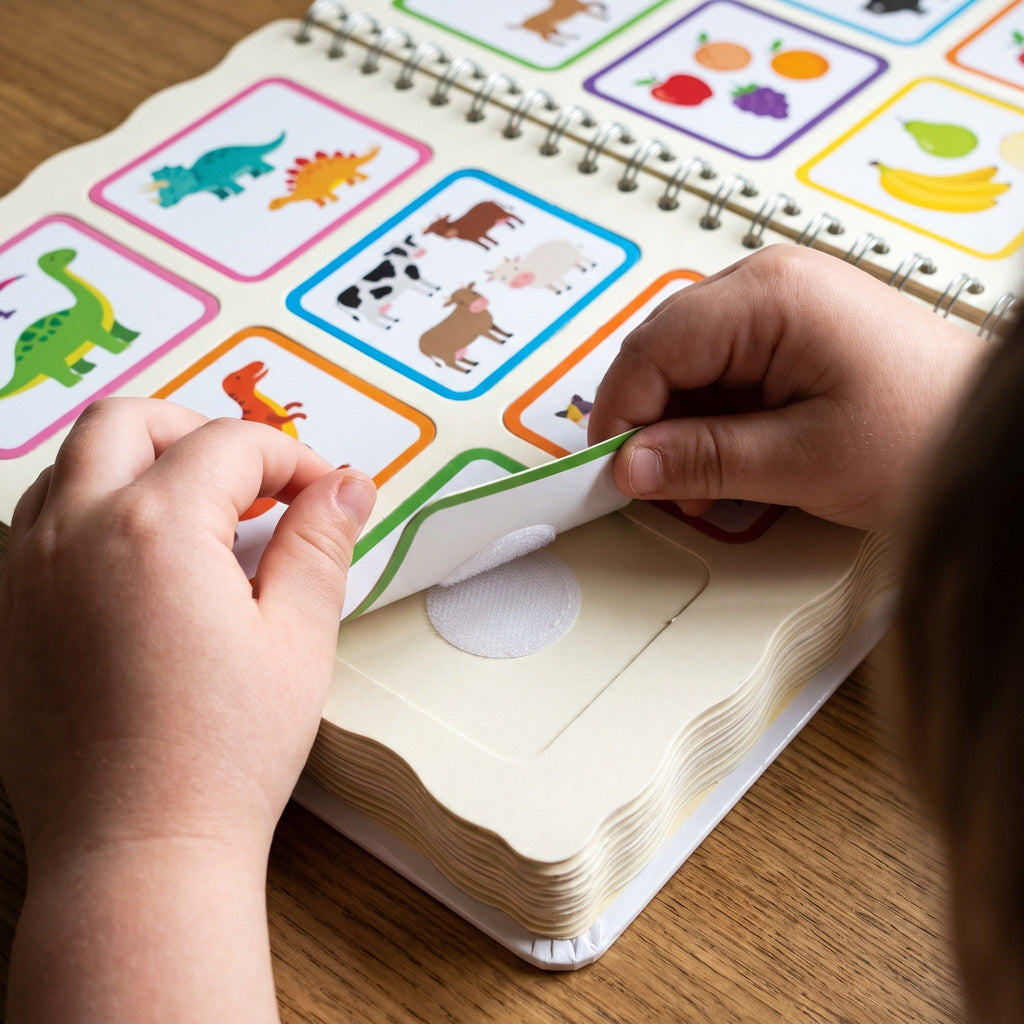 Child's hands peeling a velcro card off a busy book page, the velcro dot showing underneath