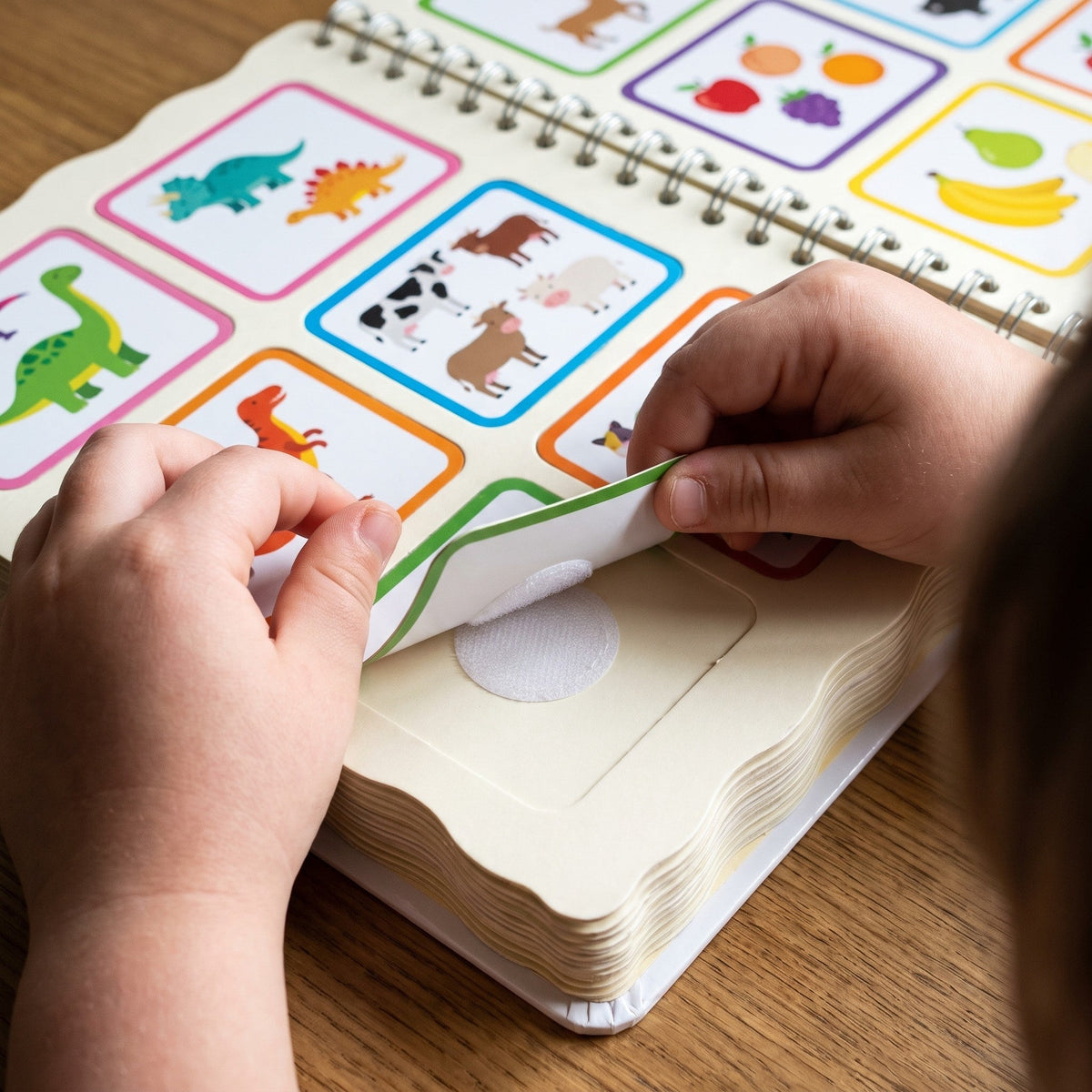 Child's hands peeling a velcro card off a busy book page, the velcro dot showing underneath