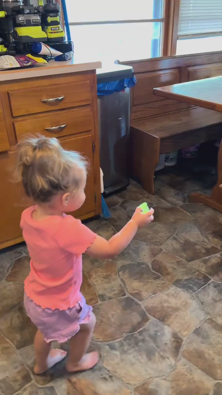 A toddler walks across the house with the dinosaur reader, finding picture stickers on the table, the fridge and the dresser