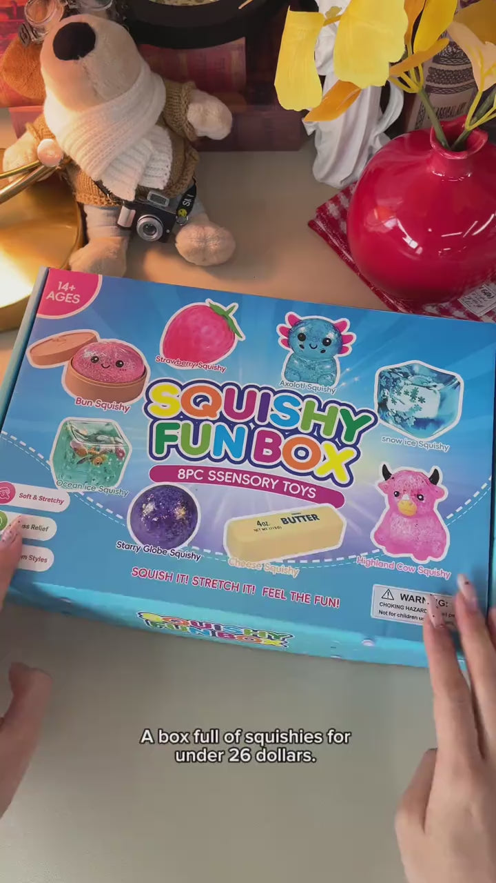 Customer showing the Squishy Fun Box and its eight squishies