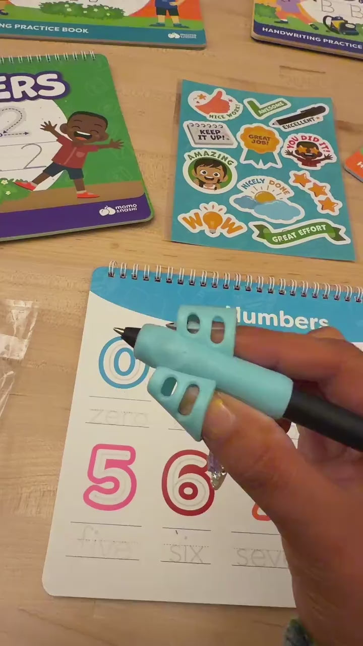 A mother going through the five books, the pens and the grips one by one