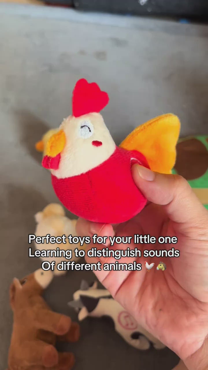 The six plush animals being squeezed one after another, each saying its name