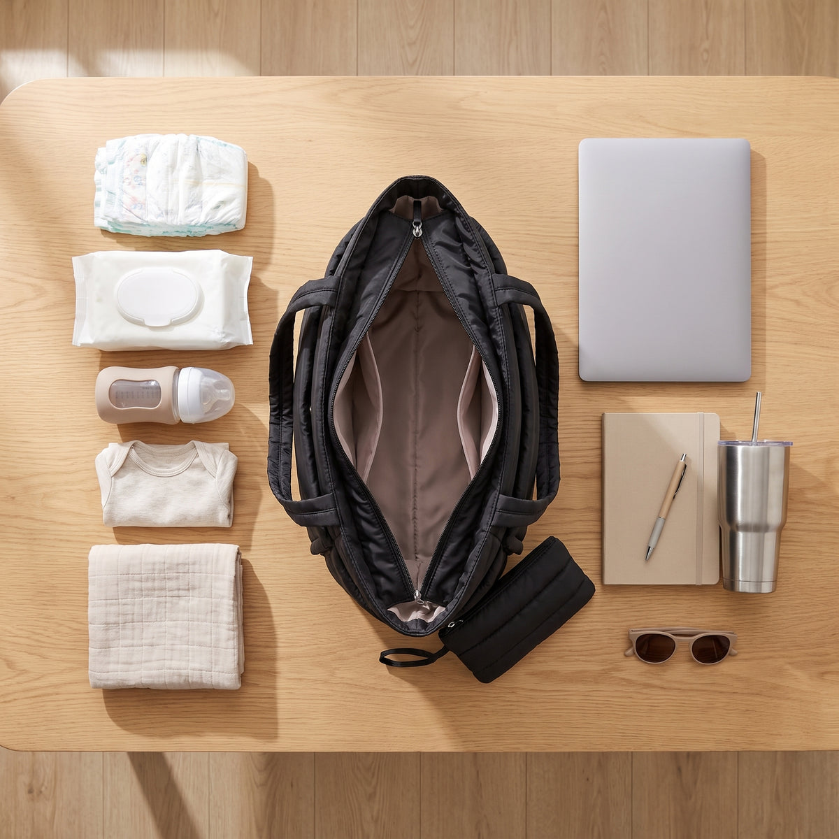 The bag open flat on a table: nappies, wipes, a bottle, a folded bodysuit and a muslin on one side, a laptop, a notebook, a 40 oz tumbler and sunglasses on the other