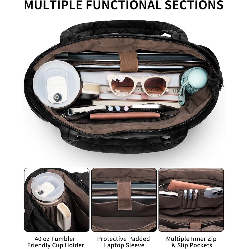 Inside the bag: 40 oz tumbler cup holder, padded laptop sleeve, multiple inner zip and slip pockets