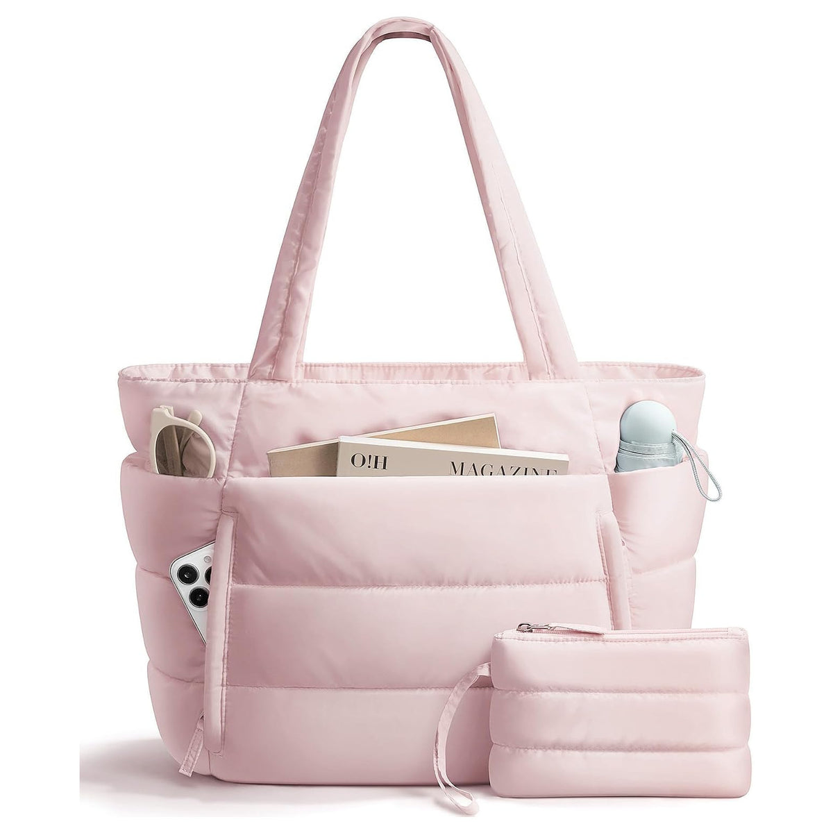 Pink puffer tote bag with matching pouch, phone in the front pocket and a bottle in the side pocket