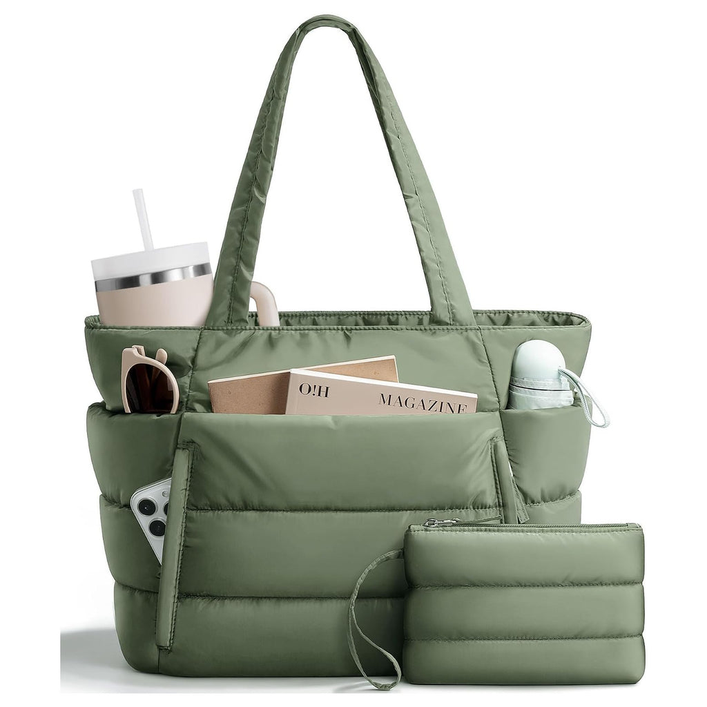 Sage green puffer tote bag with matching pouch, sunglasses tucked in the front pocket