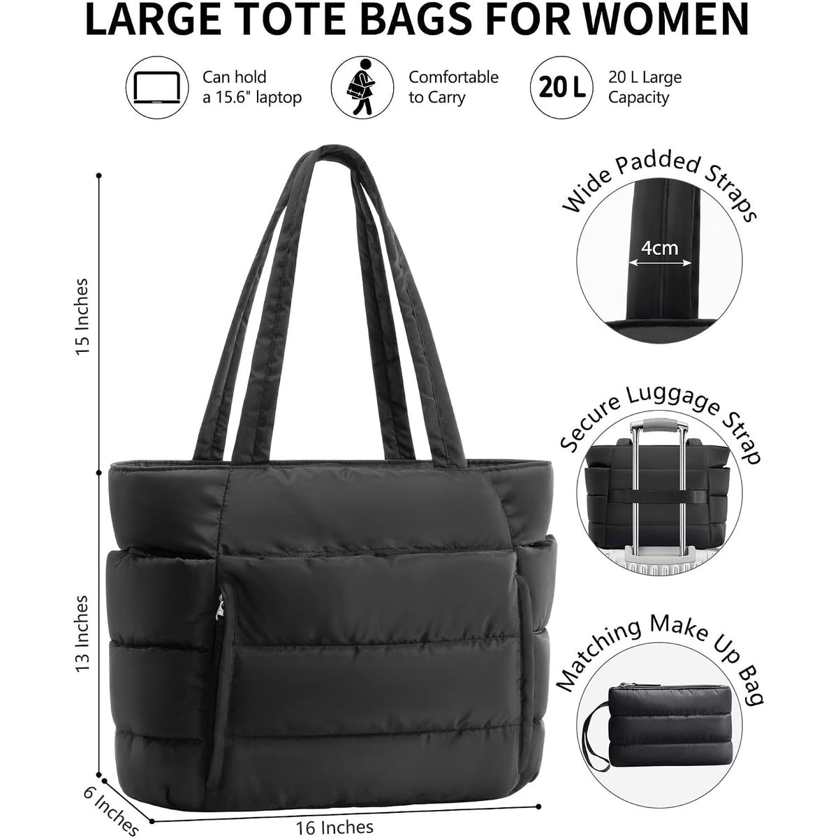 Size guide: 16 inches wide, 13 high, 6 deep, 20 litre capacity, comfortable to carry, 4 cm padded straps, luggage strap and matching make-up bag