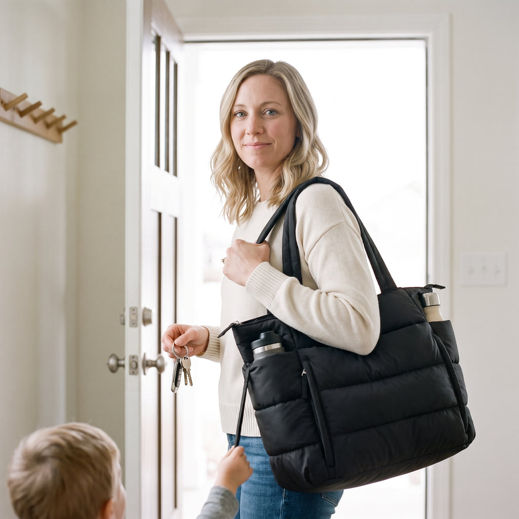 Mother leaving the house with the loaded black puffer tote on her shoulder, a bottle in the side pocket, keys in her hand and her child beside her
