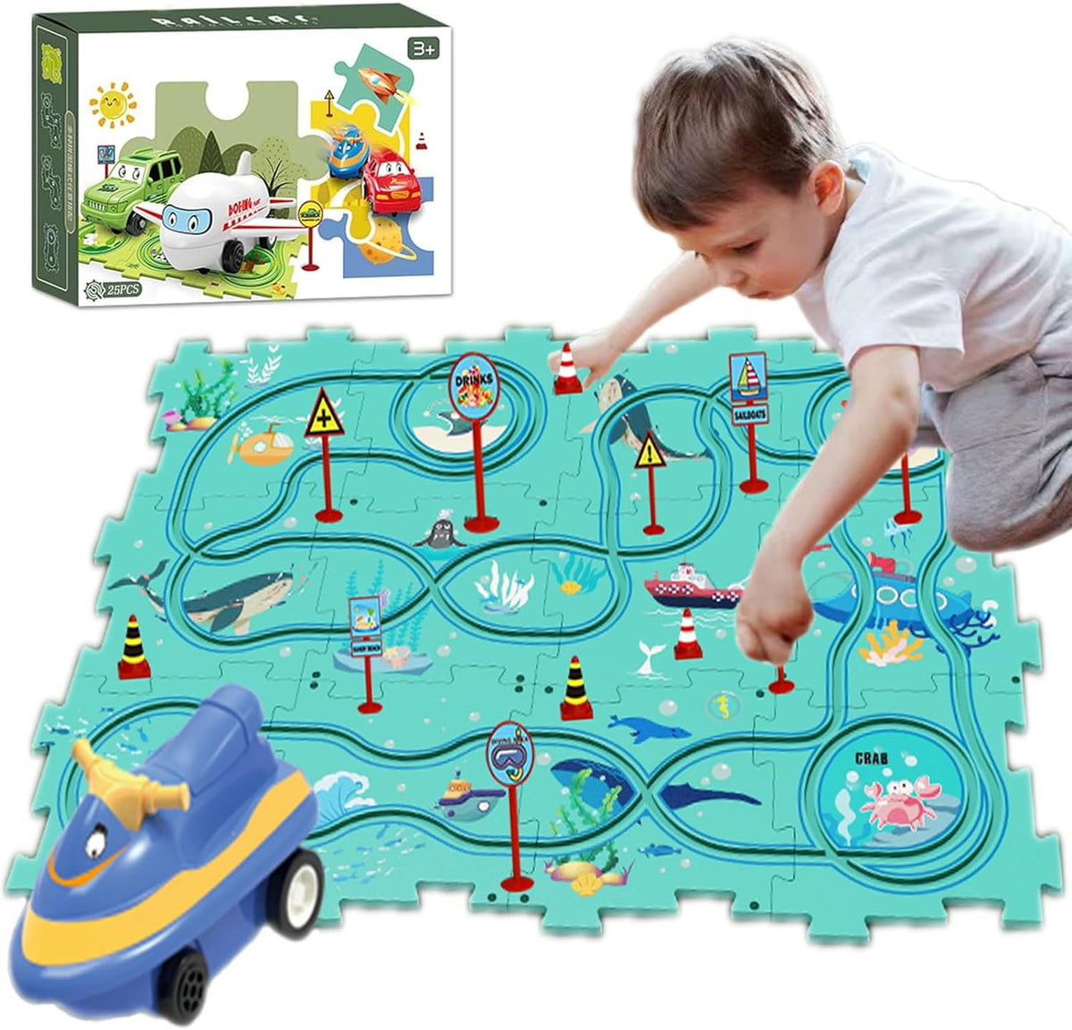 Puzzle Track Car Mat with Modular Road Sections, Blue Jet Ski