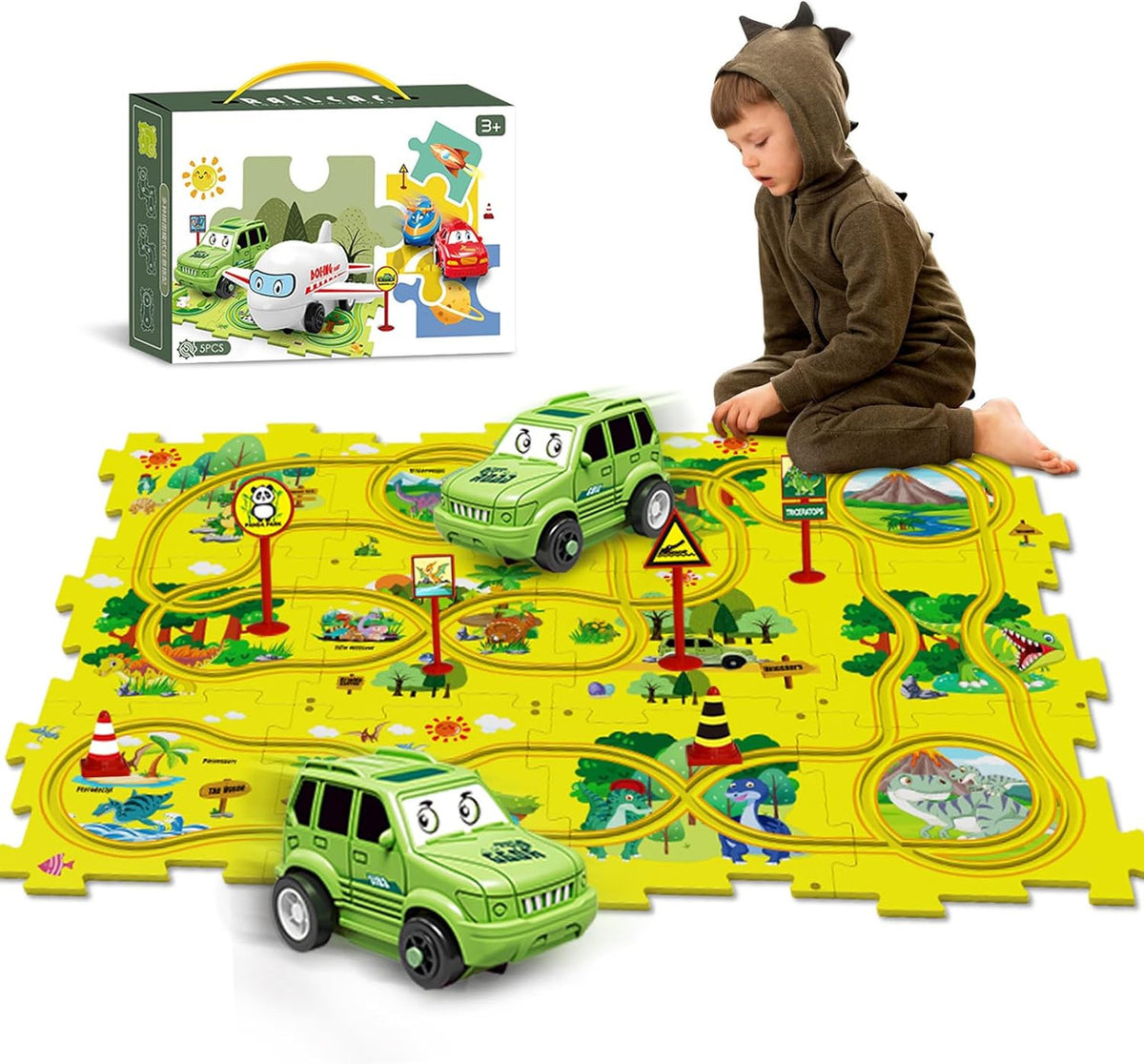 Puzzle Track Car Mat with Modular Road Sections, Green Car