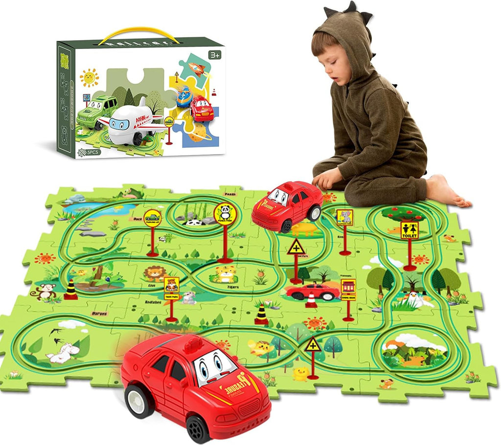 Puzzle Track Car Mat with Modular Road Sections, Red Car