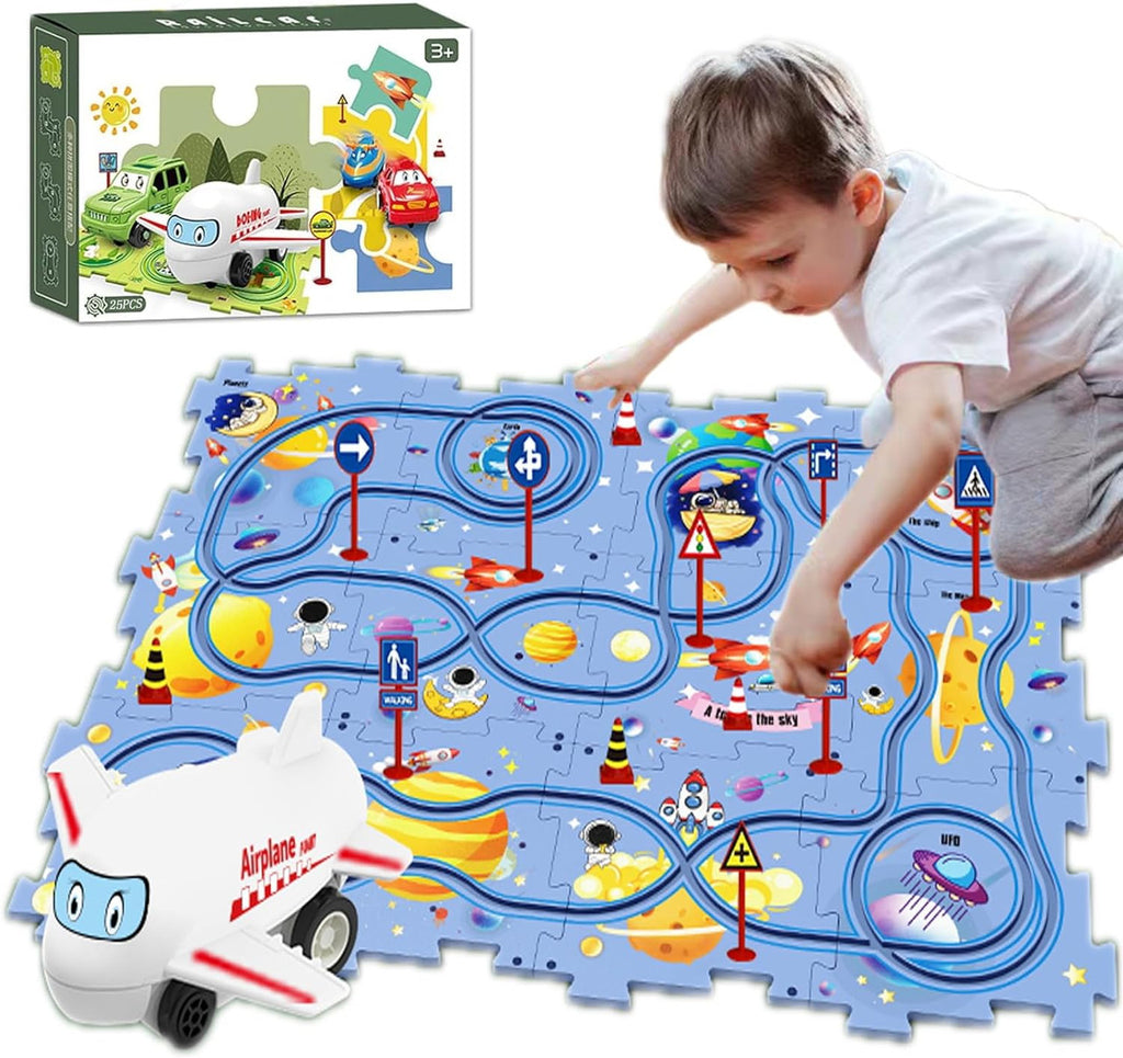Puzzle Track Car Mat with Modular Road Sections, White Airplane