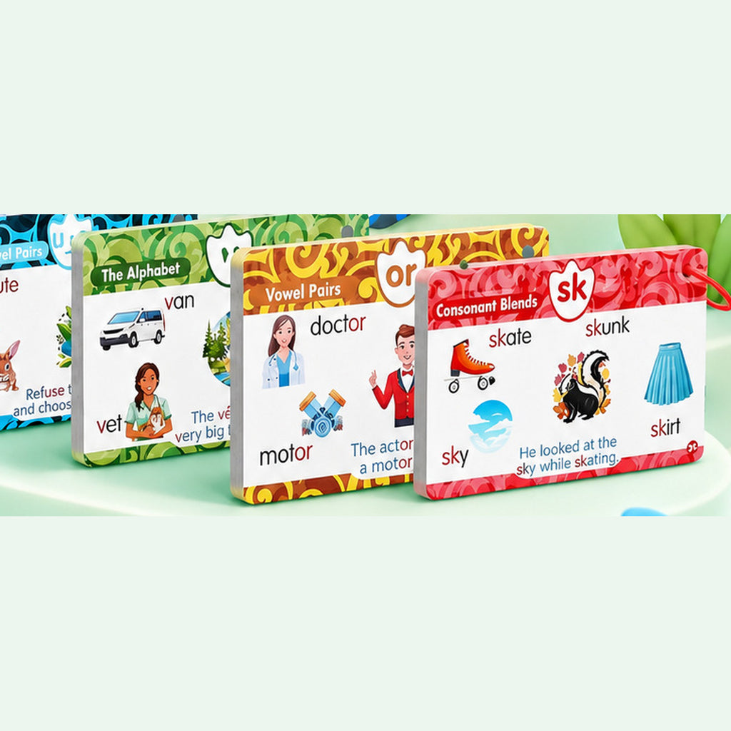 Four of the five ring-bound card sets standing side by side: split vowel pairs, the alphabet, vowel pairs and consonant blends, each card printed with words, pictures and a full sentence