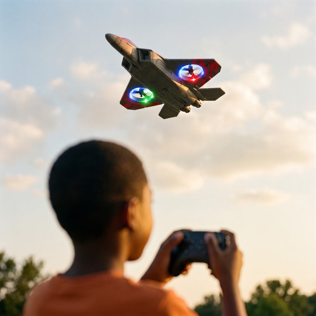 Remote control foam fighter jet in flight, its four LED rotor rings lit