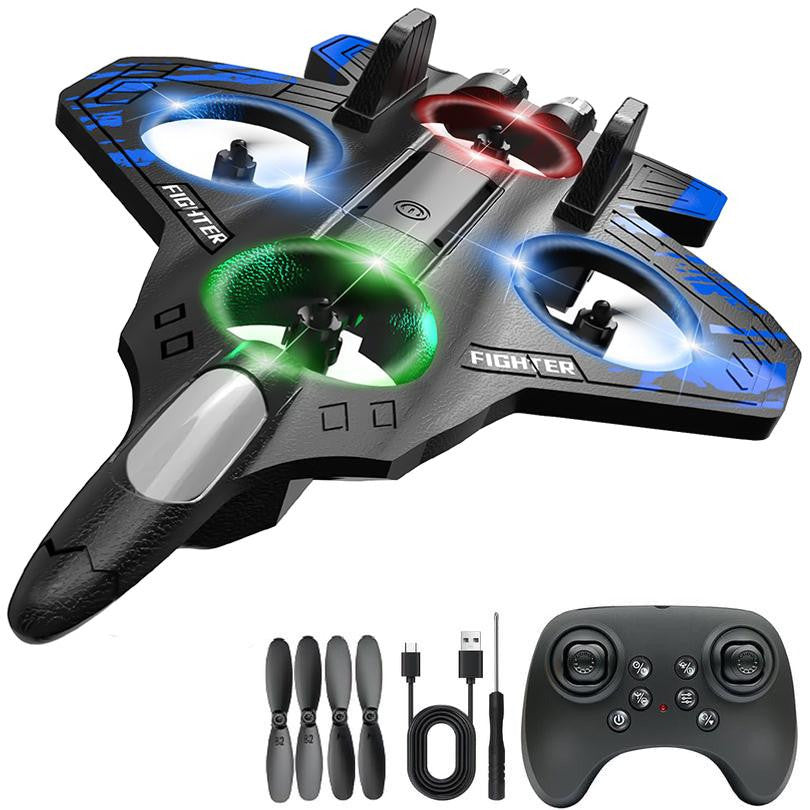 Remote Control Fighter Jet with LED Lights and 4 Propellers, Blue