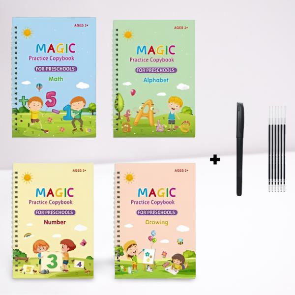 Reusable Magic Copybook with Pen and Refills for Preschoolers, Set of 4 Books