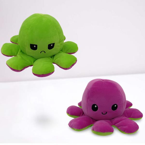 Reversible Octopus Plush with Dual Mood Faces, Purple / Light Green