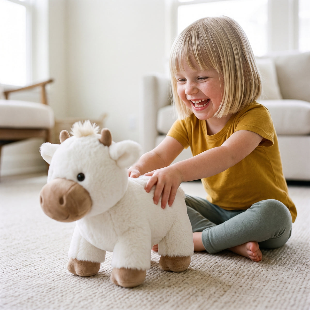 A four year old girl laughing as she makes the cow plush gallop across the rug