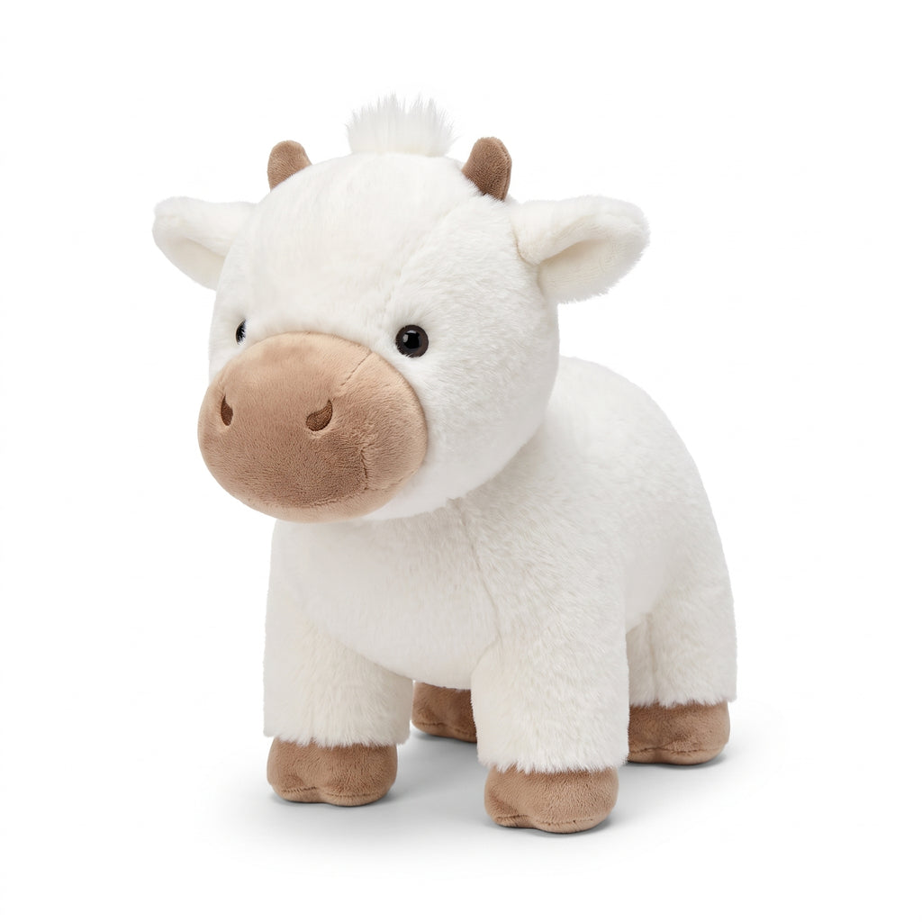 The white running Highland cow plush on a white studio background