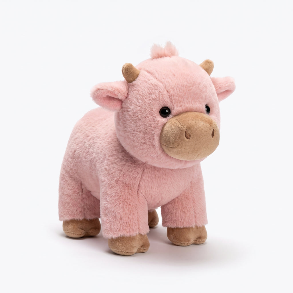 The pink running Highland cow plush on a white studio background