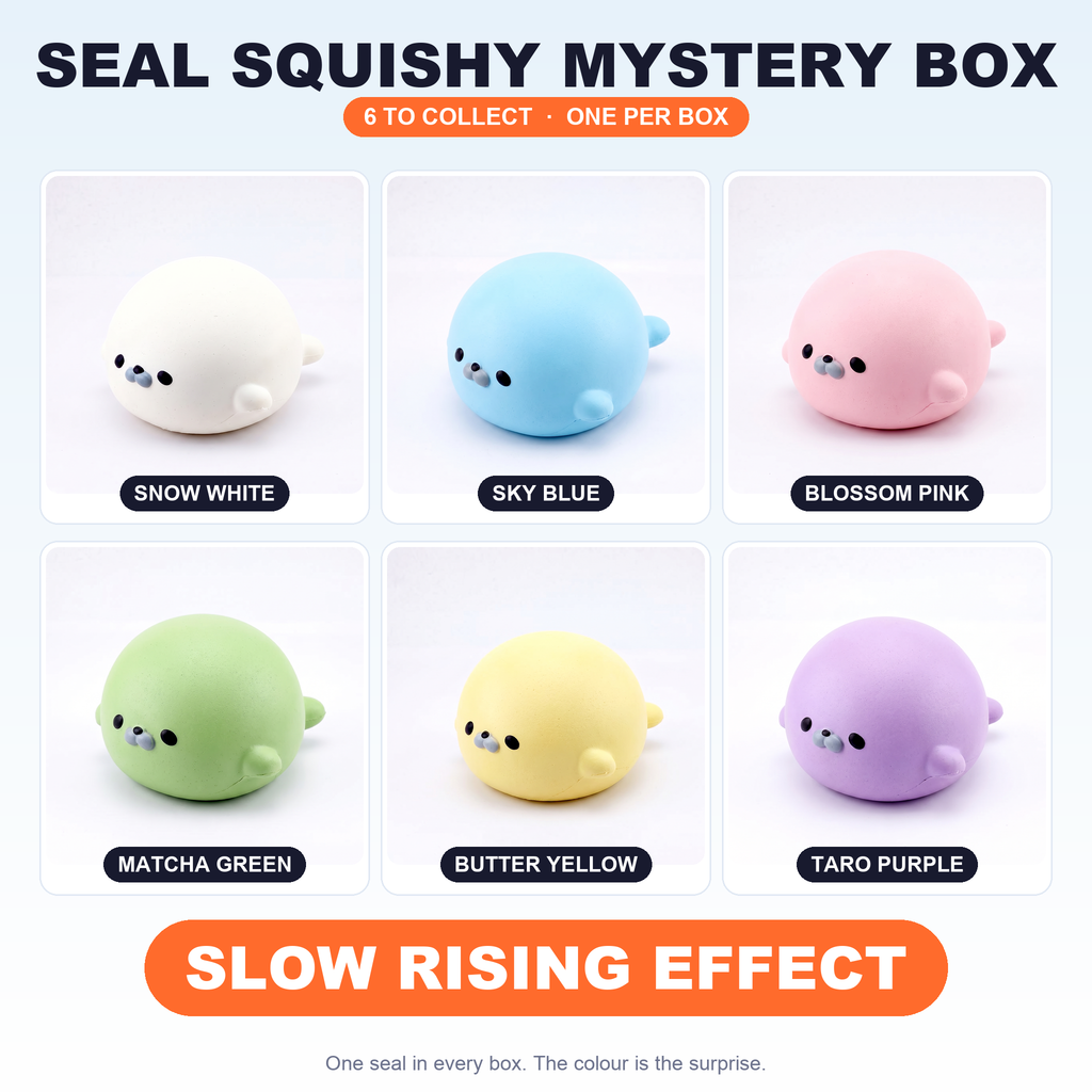 Seal squishy mystery box, the six colours to collect, slow rising effect