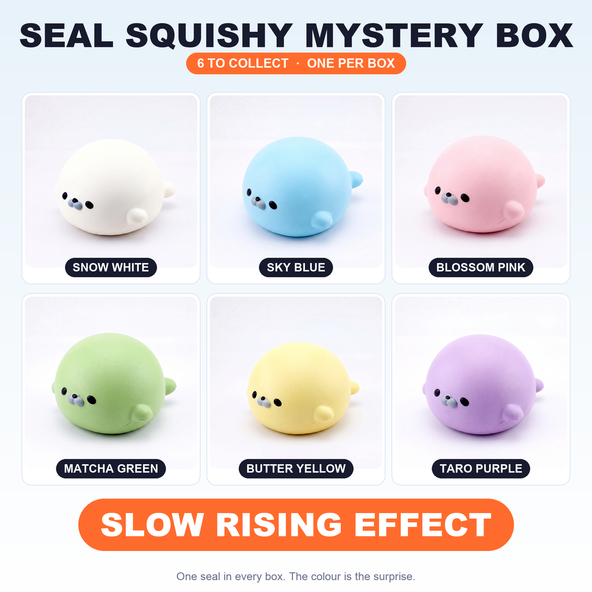 Seal squishy mystery box, the six colours to collect, slow rising effect