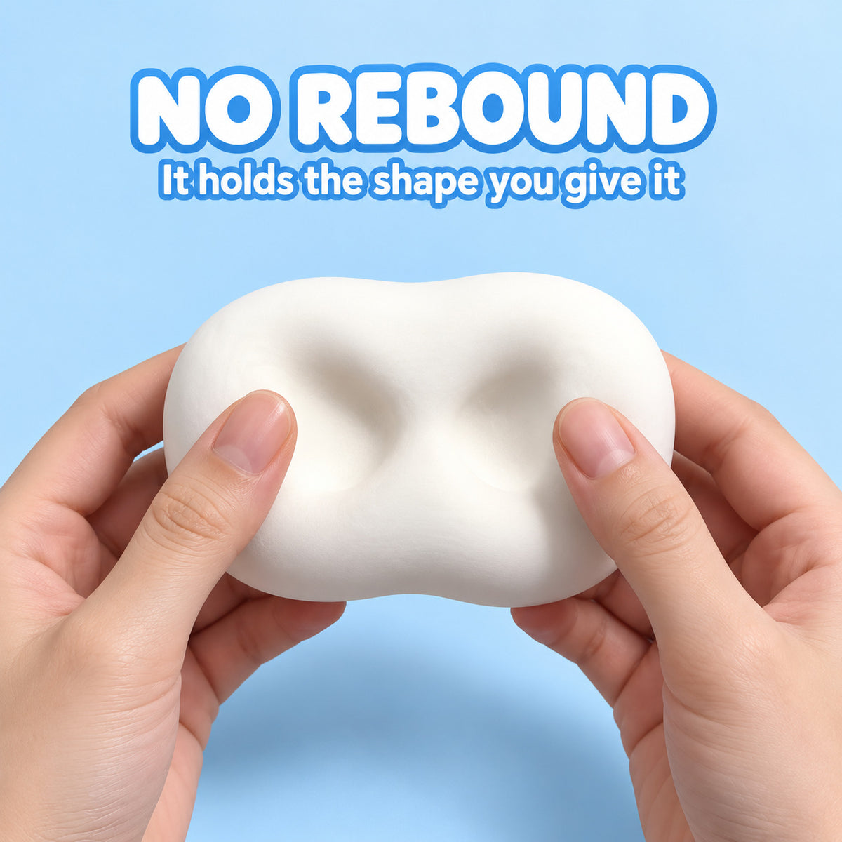 Two thumbs pressing deep dents into the white squishy soap bar: no rebound, it holds the shape you give it
