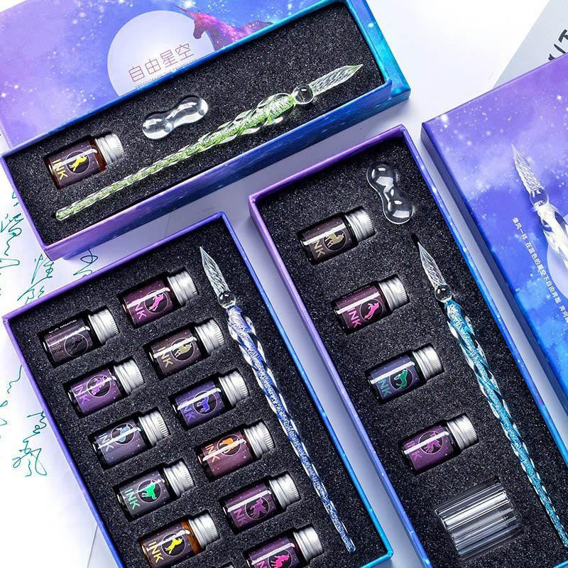 Glass Dip Pen Set with Crystal Holder and Ink