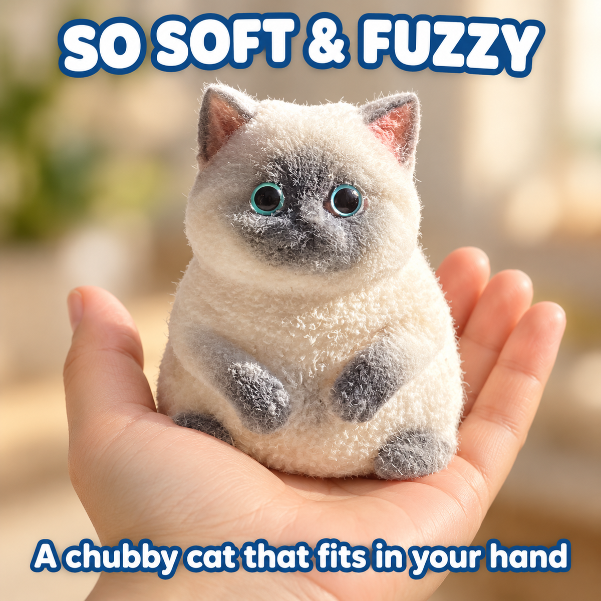 Soft fuzzy taba cat squishy in the palm of a hand