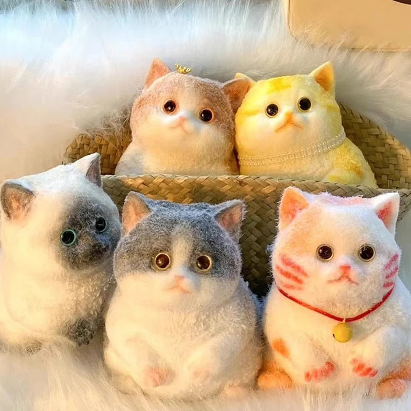 Five fuzzy taba cat squishies in a basket