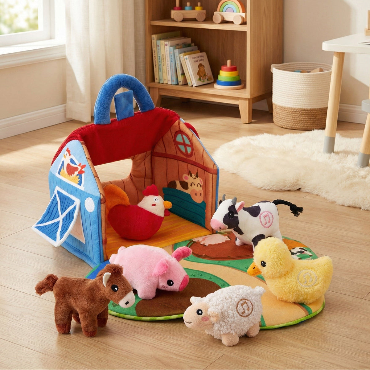 Plush farm barn open on a rug with six talking animals in front of it