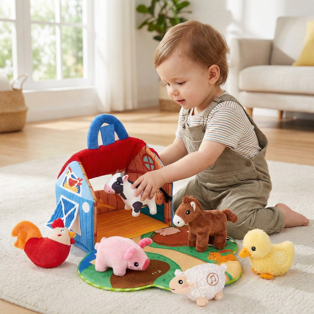 Toddler kneeling on a rug putting a plush cow into the open farm barn