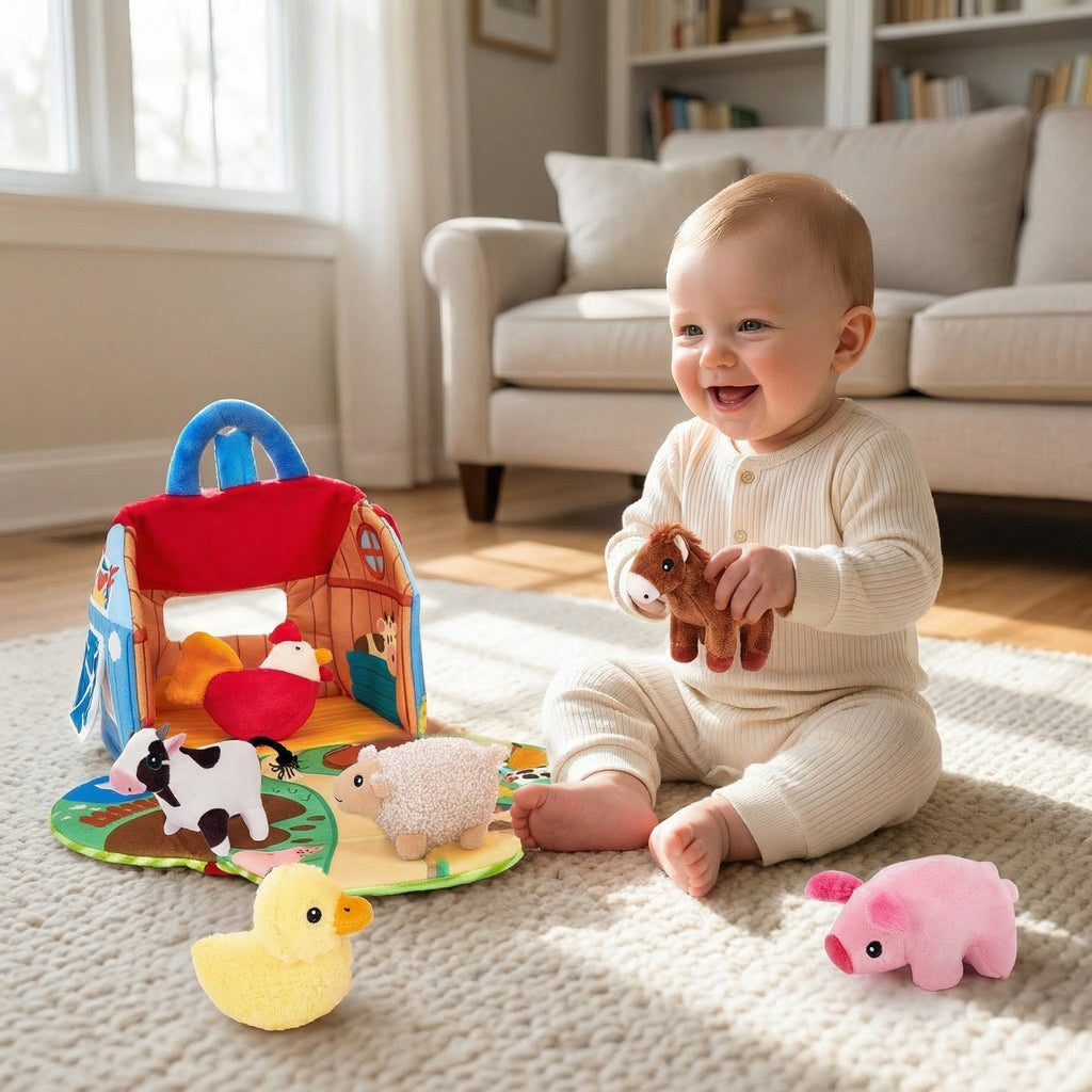 Smiling baby sitting on a rug holding the plush horse from the farm barn