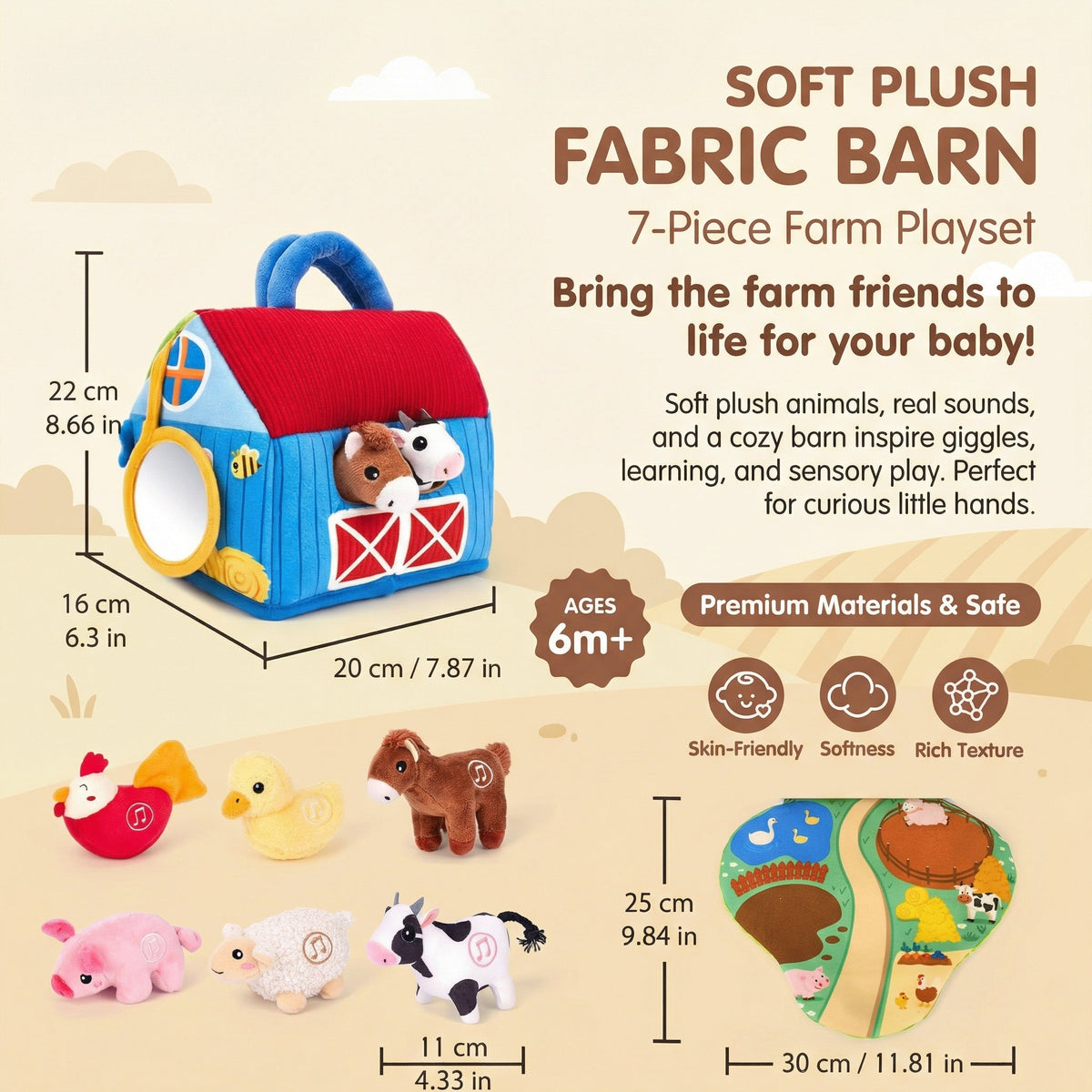Size chart: barn 22 by 20 cm, animals 11 cm, play mat 30 by 25 cm, ages 6 months and up