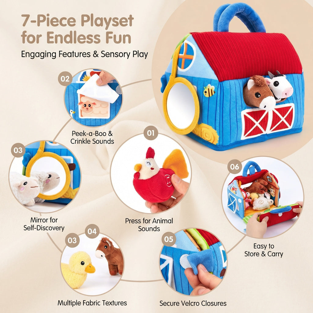 The seven features: press for animal sounds, peek-a-boo crinkle, mirror, fabric textures, velcro closures, easy to store