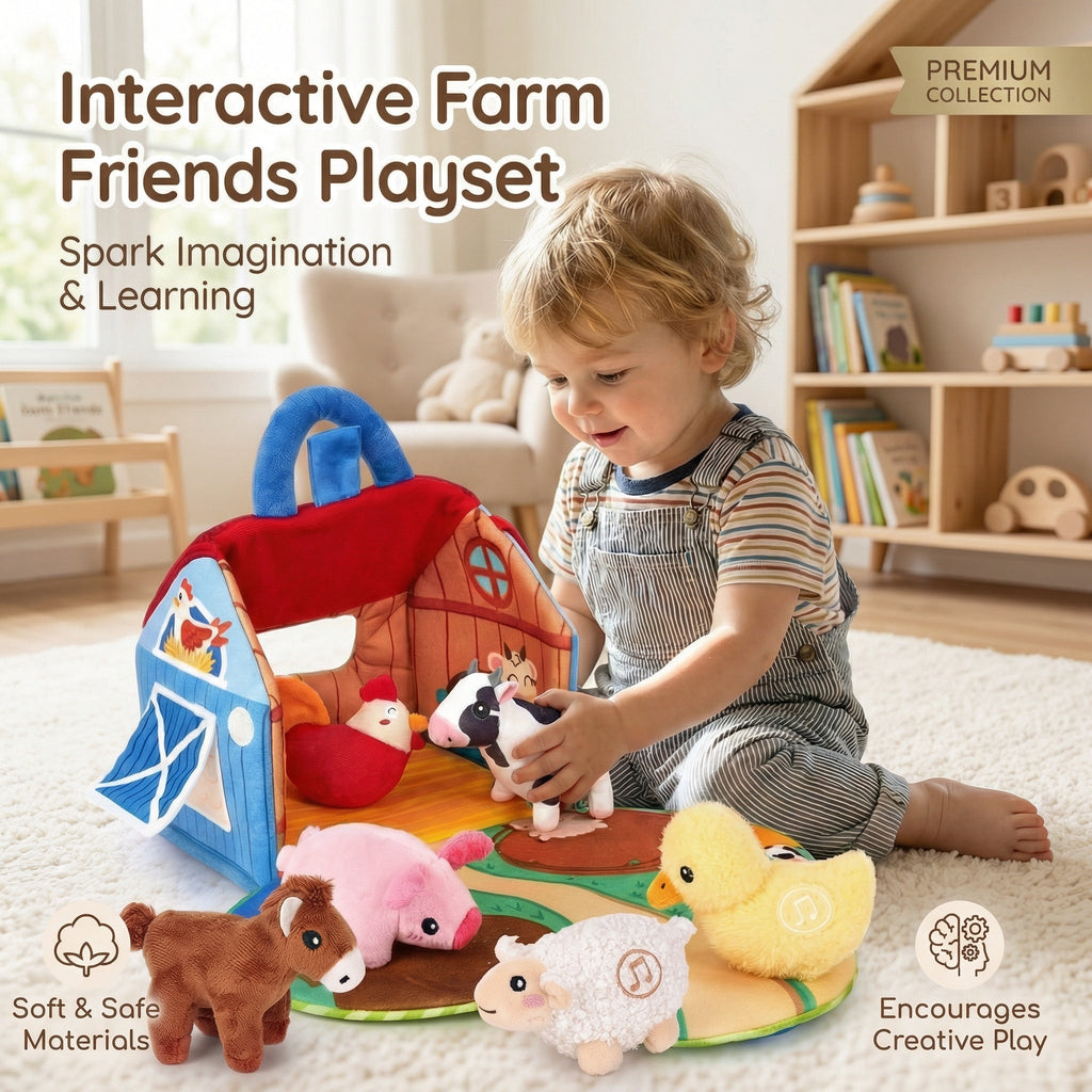 Toddler playing with the plush farm barn and animals in a living room