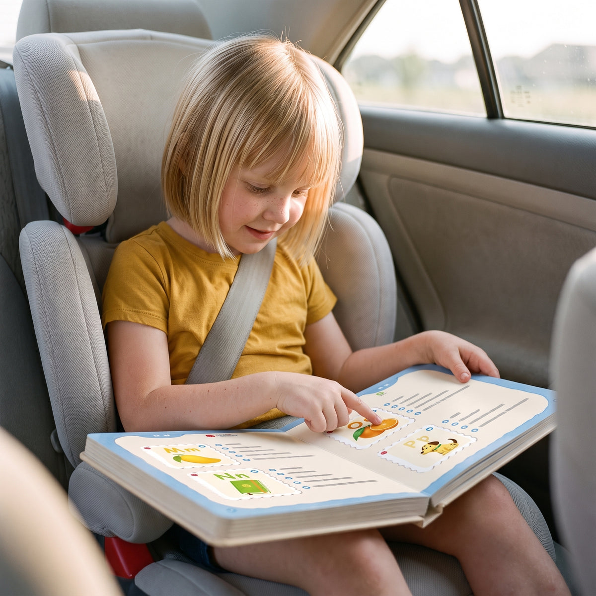 A four-year-old pressing a word in the talking phonics book in her car seat