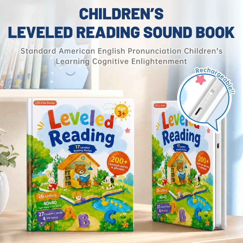 Talking phonics book with its built-in rechargeable battery and USB port