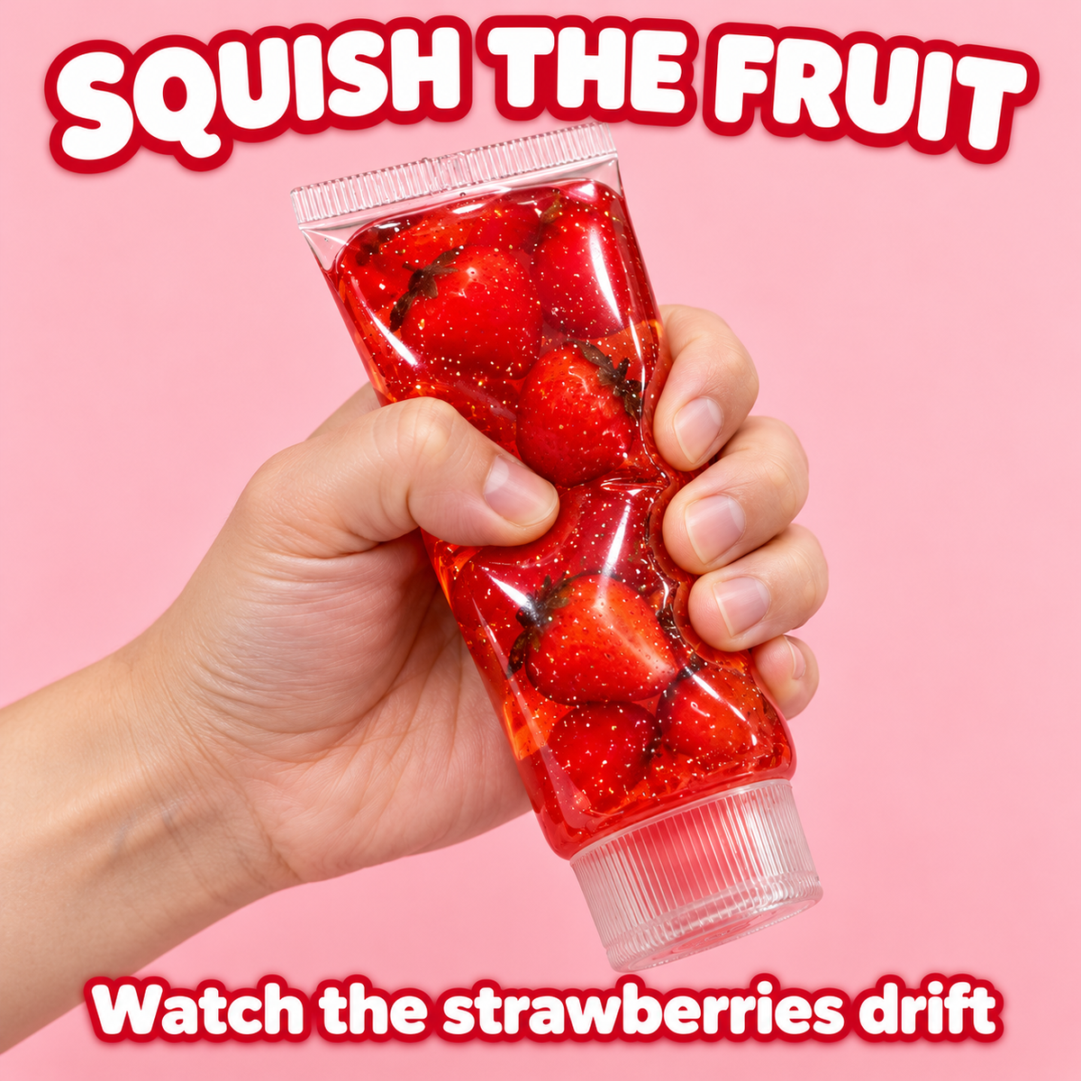 Hand squeezing the Strawberry Red toothpaste tube squishy: squish the fruit, watch the strawberries drift