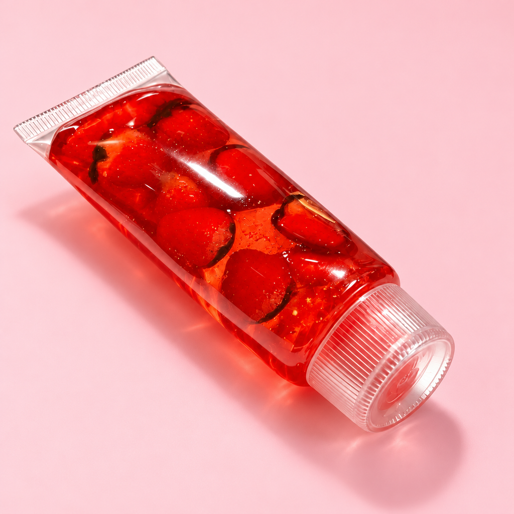 Toothpaste tube squishy, Strawberry Red style, clear red tube with strawberries inside, on a plain pink background