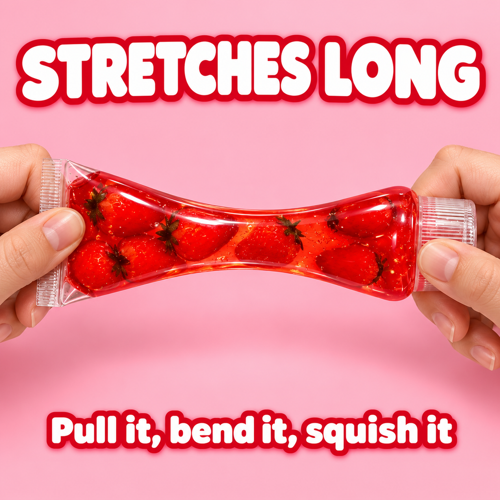 Two hands pulling the Strawberry Red toothpaste tube squishy: stretches long, pull it, bend it, squish it