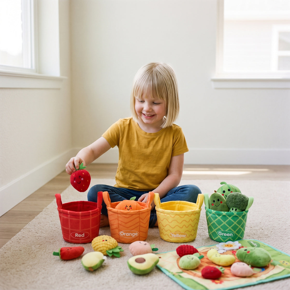 A girl sorting plush fruit into the labeled baskets
