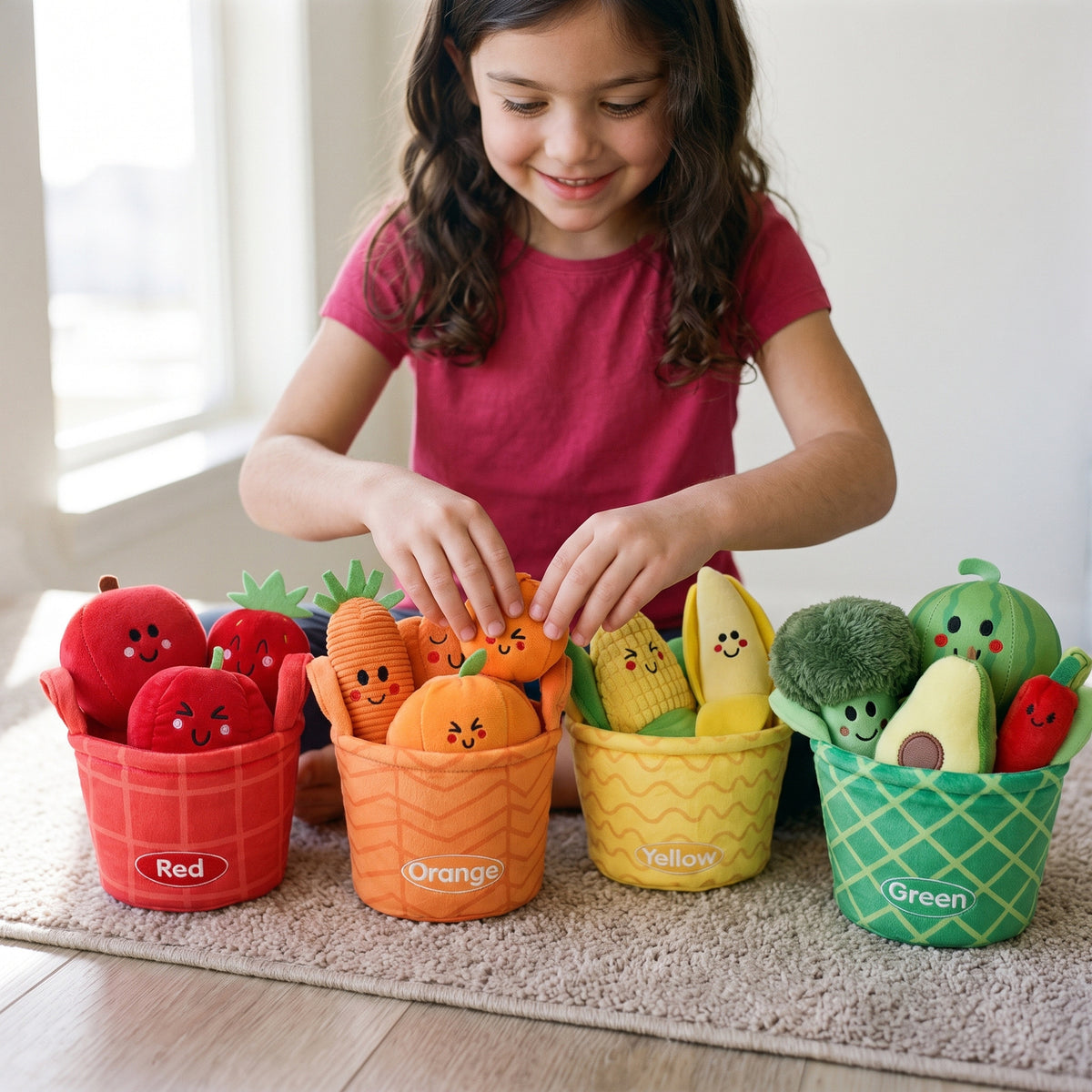 A child sorting the plush pieces by color