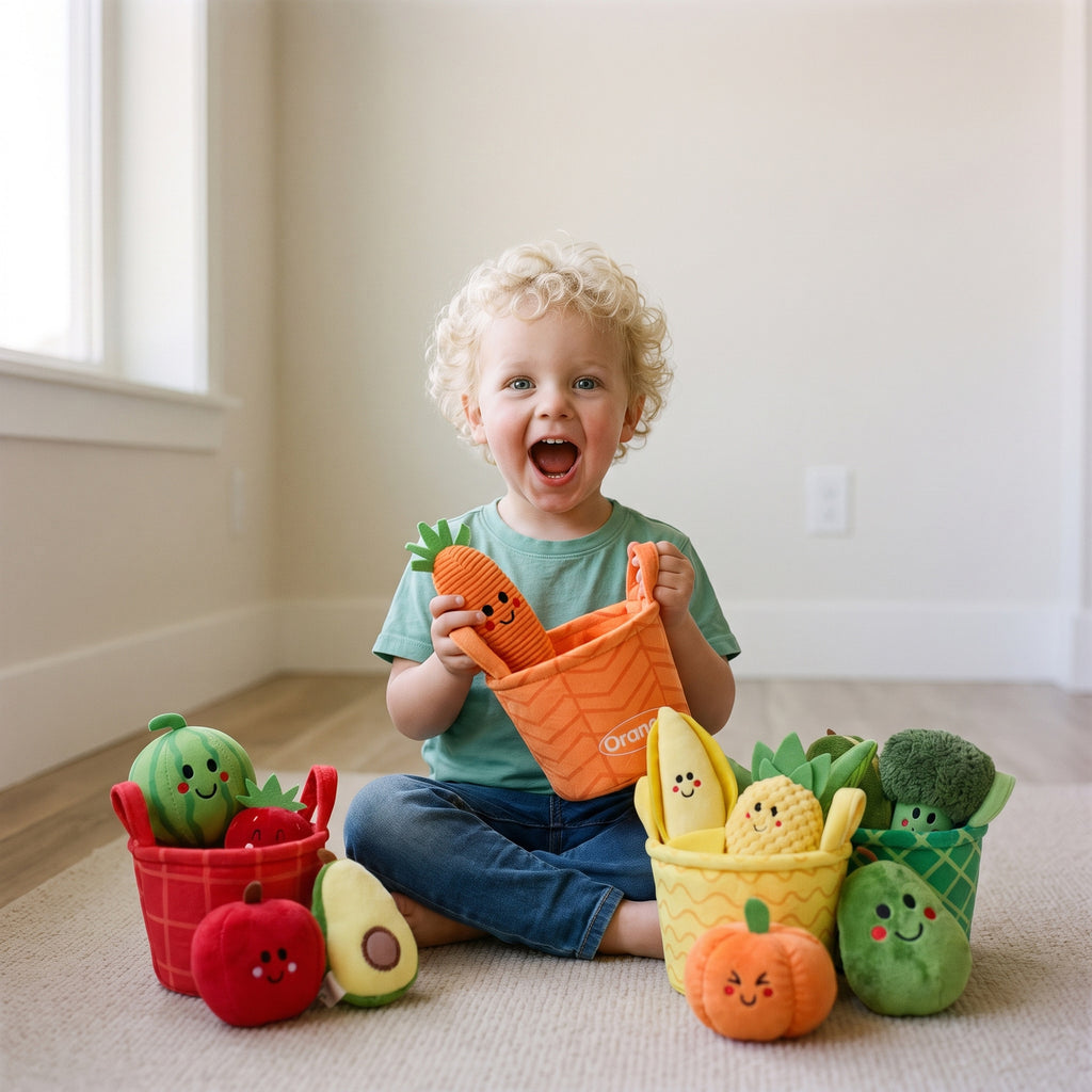 A toddler holding a plush carrot from the orange basket
